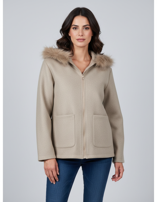 מעיל (בד לבד) צמר פרווה בכובע