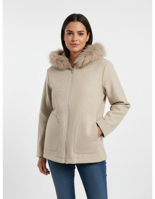 מעיל (בד לבד) צמר פרווה בכובע