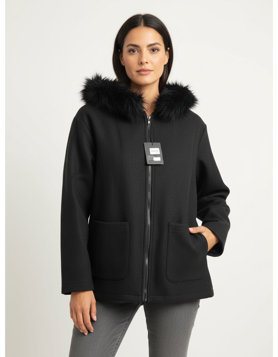 מעיל (בד לבד) צמר פרווה בכובע